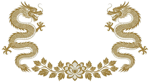 Elegant golden oriental dragons framing a central decorative lotus flower design