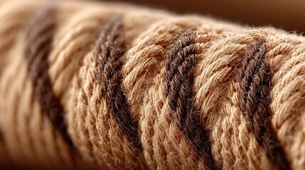 Close up of coarse, braided rope material featuring alternating light and dark brown stripes
