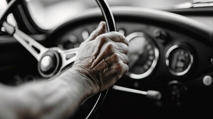A man's hand is gripping the steering wheel of a vintage car. The hand's details are clear in a black and white setting. The driving takes place during the daytime