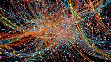 Colorful strands of light interwoven on a black background with small circular lights