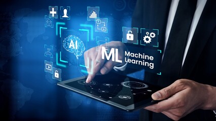 Business Professional Using Tablet to Access Machine Learning Technology, Artificial Intelligence Data Visualizations in Modern Digital Environment Gluon.