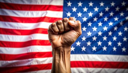 Raised Clenched Fist Against American Flag Backdrop Symbol of Solidarity and Freedom
