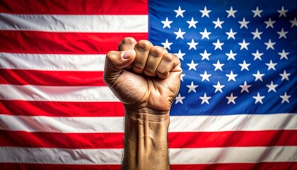 Raised Clenched Fist Against American Flag Backdrop Symbol of Solidarity and Freedom