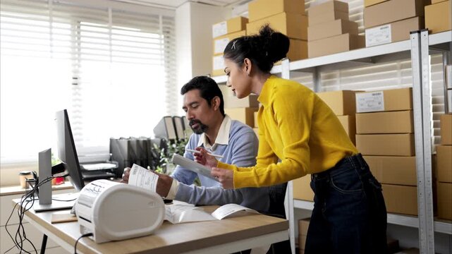 Business owner and employee labeling packages using printer and tablet in warehouse office