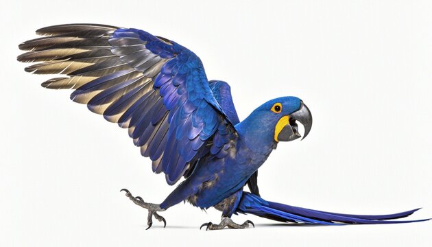 Majestic Hyacinth Macaw Spreading Wings on White Background