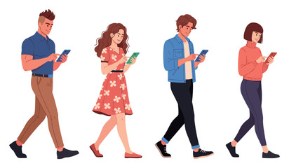 Obraz premium Diverse young adults walking with smartphones