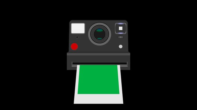 animated polaroid camera flashing and printed paper out, animation footage video on alpha channel(transparent) background.