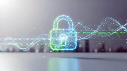 A glowing blue padlock with digital waves and code in the background