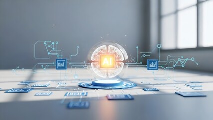 A futuristic digital concept with a glowing orb on a table surrounded by blue circuit diagrams and microchips
