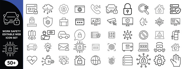 Work Safety editable stroke outline web icons set. Safety first, hazard, protection, health, insurance, regulations, helmet and work. Vector illustration design big icon set design 