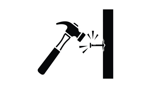 A hammer striking a nail into a wooden surface shown in a simple icon