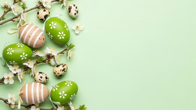 Easter eggs with white flowers and quail eggs on green background