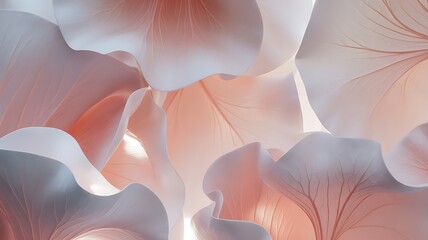 Ethereal close up of soft pastel pink and white flower petals creating a delicate abstract organic background texture