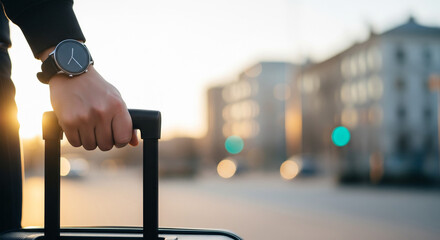 Urban Travel And Transportation Concept With Rolling Suitcase At Airport Or City Street