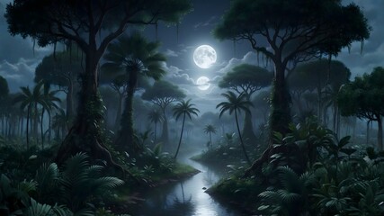 Mysterious moonlit jungle scene with a winding river and towering trees