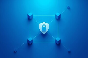 A blue shield with a padlock is protected by a network of connected cubes in a digital security concept