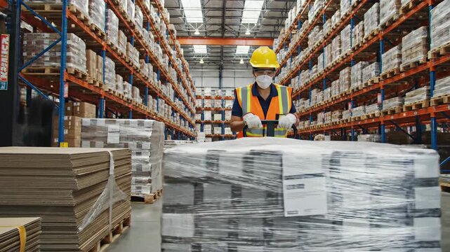 Worker moving pallets with hand truck in large warehouse interior