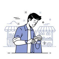 Young asian adult male shopping at outdoor market stalls