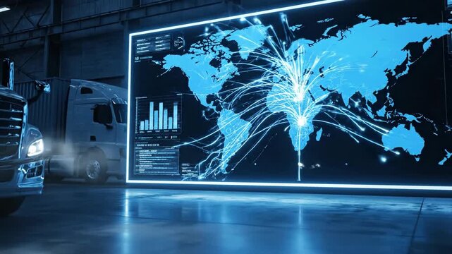 Global logistics network visualization with trucks and digital map interface