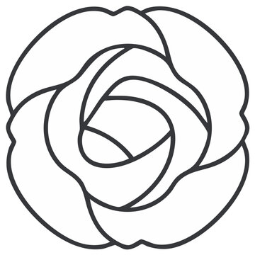 Simple black and white line art of a rose flower, minimalist icon style from a top view