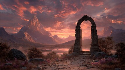 Scenic landscape with an ancient stone archway framing a dramatic sunset over majestic mountains