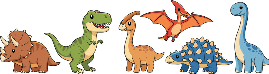 Cute Cartoon Dinosaur Characters Set with Triceratops, Tyrannosaurus, Pterodactyl, Stegosaurus and Long Neck Dino for Kids Illustration © Sanjida