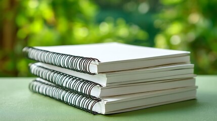 Stack of three spiral-bound notebooks with blank white pages on a green surface. Blurred green background
