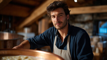 An alpine cheese maker stirring a copper vat in a rustic mountainside dairy, the scent of fresh milk mingling with cool mountain air — artisanal food culture and centuries-old craft. cinematic