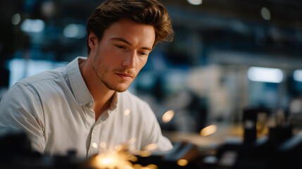 A scientist using CO₂ lasers for micro-cutting in a high-tech fabrication lab, sparks illuminating the workspace as precision engineering unfolds — laser technology, manufacturing accuracy, and