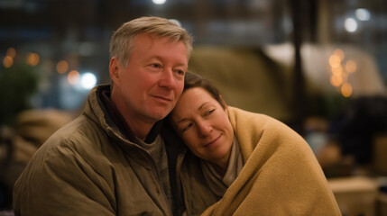 A volunteer comforting a distraught parent outside an evacuation center, offering a blanket and calm reassurance amid chaotic background movement — compassionate frontline support in crisis.