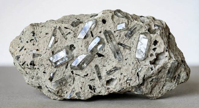 A collectible geological specimen of porphyritic trachyte rock with elongated transparent sanidine phenocrysts scattered throughout a light grey volcanic groundmass.