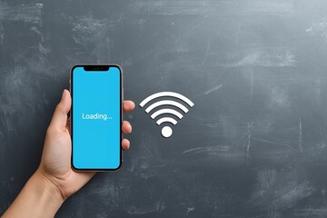 A hand holding a smartphone with a loading screen next to a Wi-Fi symbol on a gray background