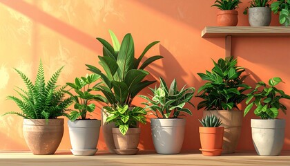 Assortment of potted houseplants arranged on a shelf against an orange textured wall