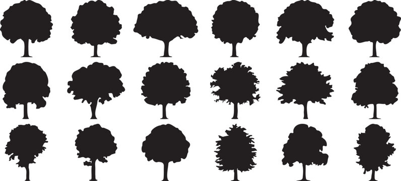 round black tree silhouettes collection, black deciduous tree silhouette set isolated, landscape black tree vector collection on png background
