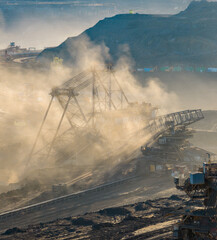 A large bucket wheel excavator in a lignite brown coal mine