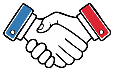 Obraz premium Cartoon hands shaking, blue and red cufflink detail, agreement concept