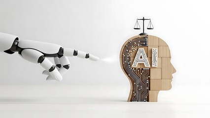 Robotic hand reaching towards a human head with ai circuitry and scales of justice on white background