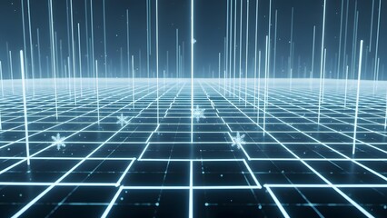 Futuristic Digital Grid with Vertical Light Beams and Snow Particles