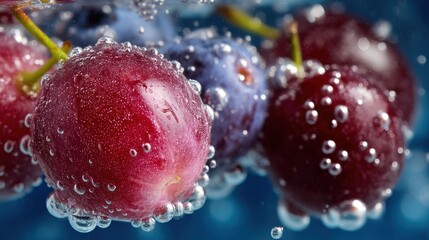 Clusters of dark fruit immersed in sparkling liquid with numerous bubbles adhering to the surfaces