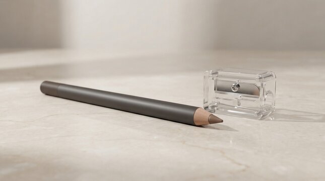 Eyebrow pencil and sharpener on stone surface with soft lighting  