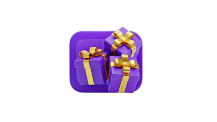 Three purple gift boxes with gold ribbons on a purple rounded square