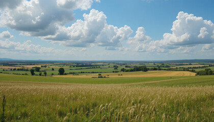 Obraz premium A serene landscape of rolling hills and fields under a blue sky