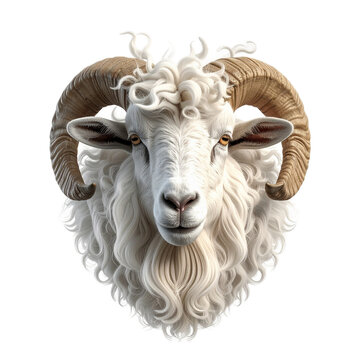 Close-up Portrait of a Majestic Ram with Impressive Curly Horns and White Fluffy Wool on a Clean White Background