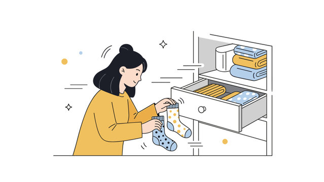 Young asian female organizing socks in drawer with neatly folded clothes