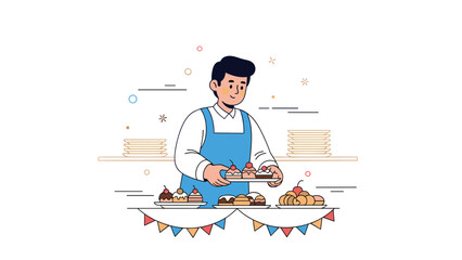 Young hispanic male pastry chef arranging desserts at bakery display counter