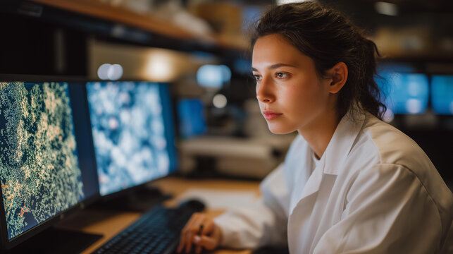 A scientist examining bacteria samples before and after filtration under a microscope, clear differences shown on dual monitors &mdash; laboratory testing, water safety research, and scientific