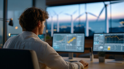 A control room operator monitoring multiple wind farms on a wall of live data dashboards, wind speed graphs animating as turbines respond &mdash; grid integration, energy forecasting, and real-time clean