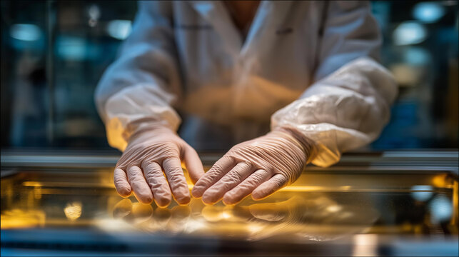 A pharmaceutical technician sealing sterile-gloved hands into an isolator chamber, manipulating compounds behind glass &mdash; aseptic manufacturing, high-purity environments, and advanced drug