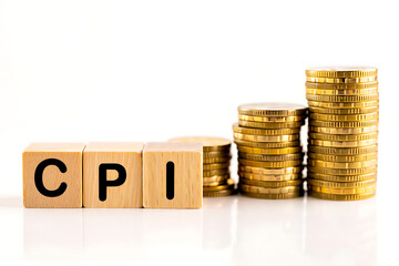 CPI inflation rate concept with wooden blocks and gold coins on white surface transparent background
