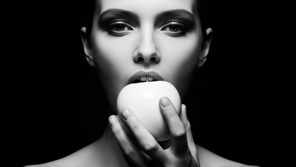 Minimal surreal portrait with white apple black and white techno music flyer background